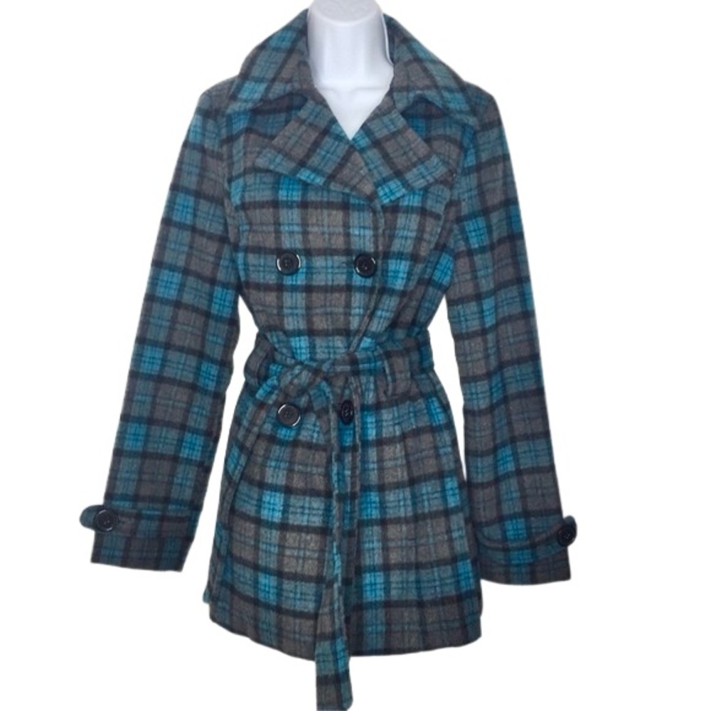 Jou Jou Wool Blend Teal Plaid Trench Coat Size Medium